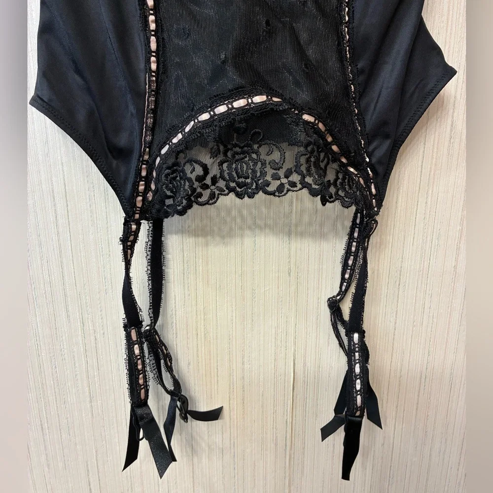 Jezebel Black Mesh‎ Polka Dot Corset Bustier with Garters 34C